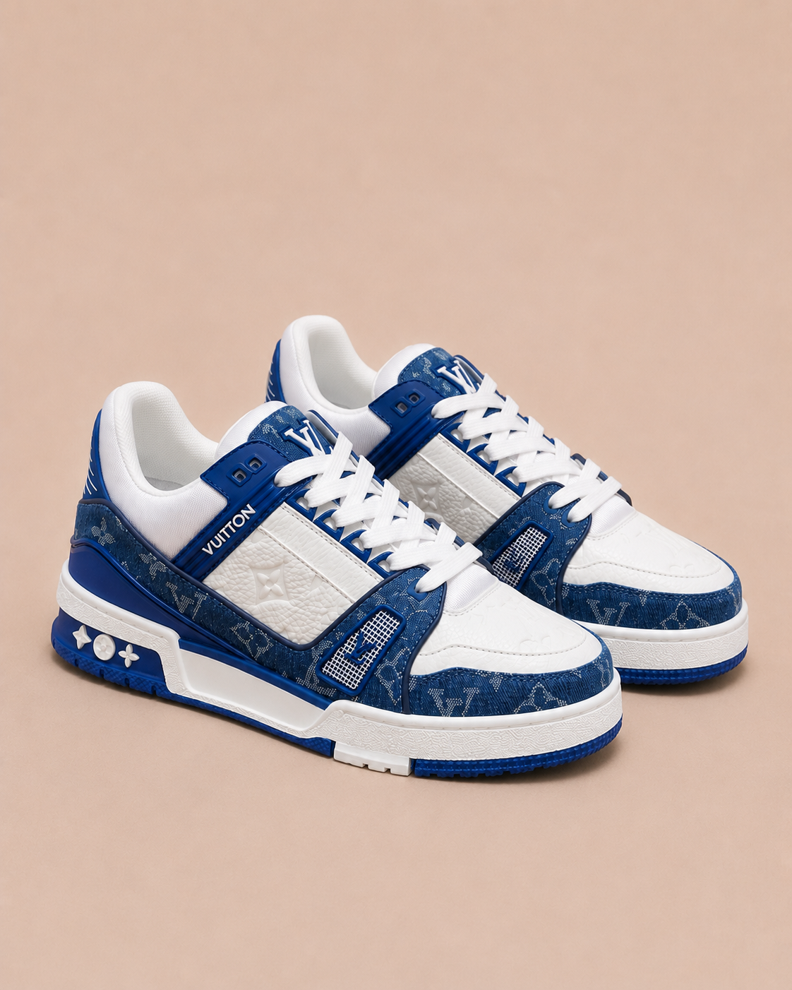 Louis Vuitton LV Trainer Blue Denim - pair 3/4 view