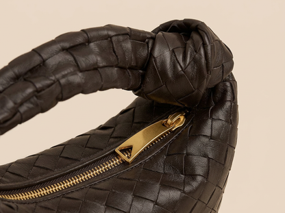 Bottega Veneta Jodie Mini — Brown, gold zipper and knotted handle close-up