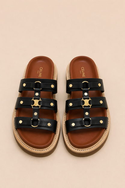 Celine Triomphe Studded Platform Sandals Black - Top Down