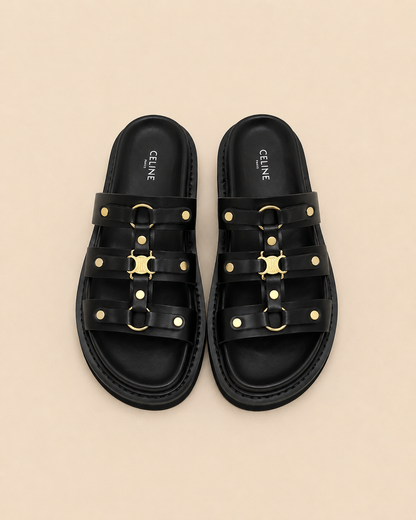 Celine Triomphe Studded Platform Sandals Black Monochrome - Top View