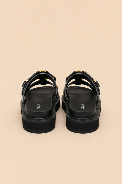 Celine Triomphe Studded Platform Sandals Black Monochrome - Back View